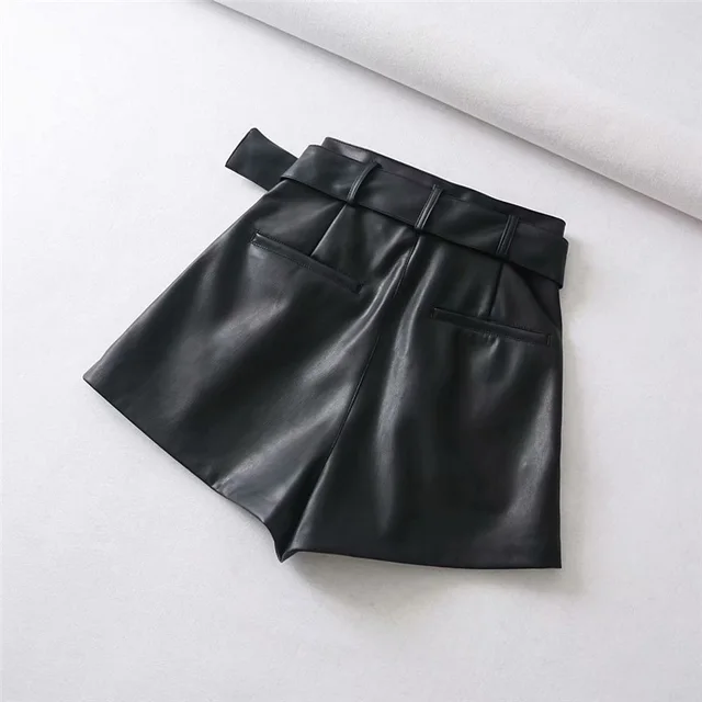 European And American Style High waist Leather Pants Faux Leather Bermuda Shorts Black - Shop at LoveMi