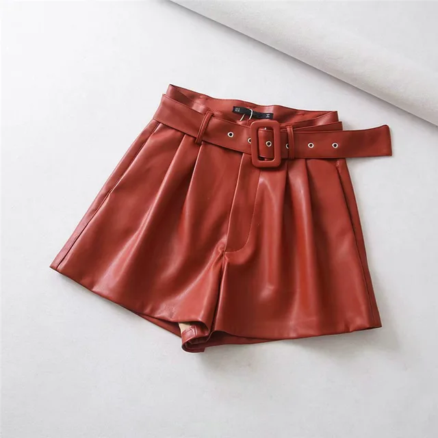 European And American Style High waist Leather Pants Faux Leather Bermuda Shorts Red - Shop at LoveMi