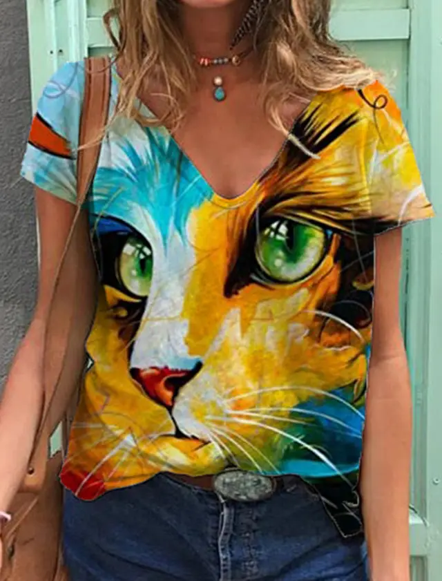 V Neck Printed Loose Short Sleeve Women's T Shirt - Shop at LoveMi