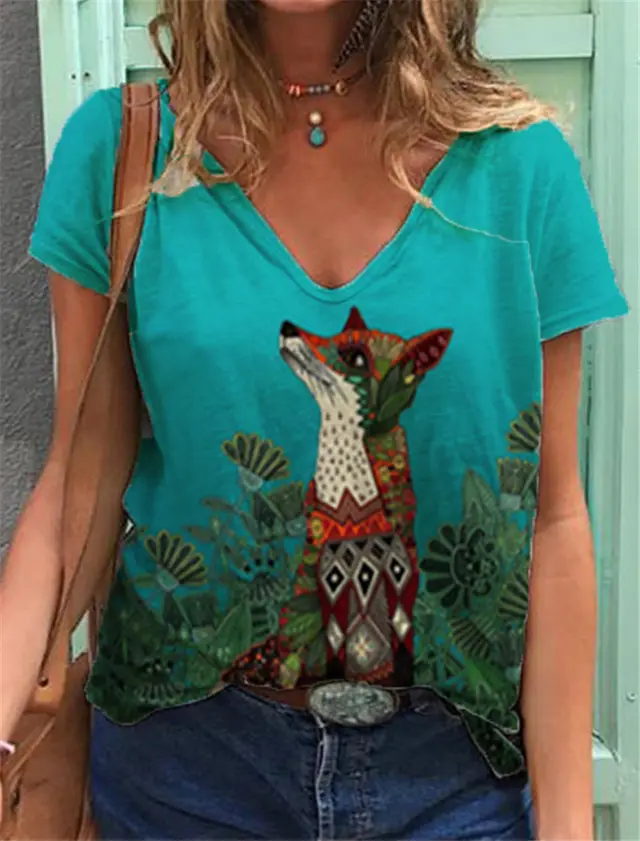 V Neck Printed Loose Short Sleeve Women's T Shirt - Shop at LoveMi