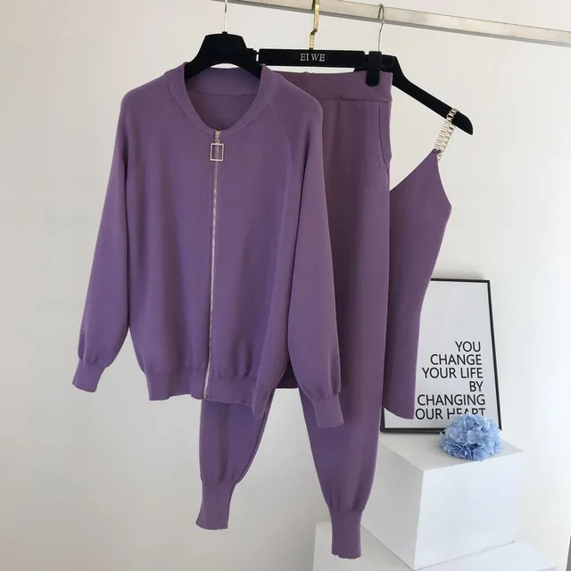 Three Piece Chain Sling Knitted Jacket With Elastic Pants Purple - Shop at LoveMi