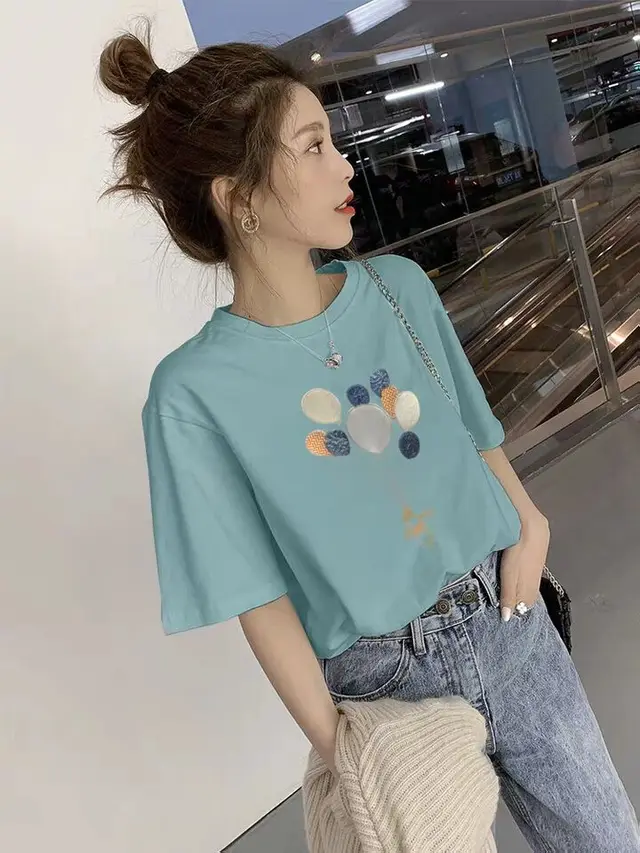Pure Cotton White T Shirt Women Short Sleeved Loose Korean Embroidered Western Style Half Sleeved T Shirt Blue - Shop at LoveMi