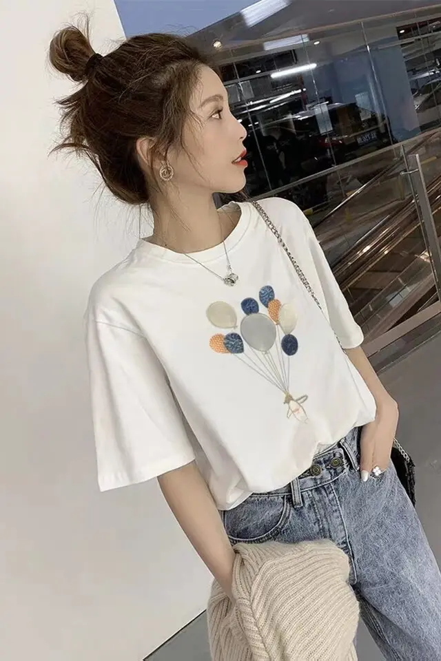 Pure Cotton White T Shirt Women Short Sleeved Loose Korean Embroidered Western Style Half Sleeved T Shirt White - Shop at LoveMi