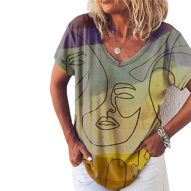 Foreign Trade New Cross Border Women'S Gradient Printing Loose V Neck Short Sleeved T Shirt Women'S Top Yellow - Shop at LoveMi