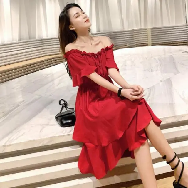 Summer New Short Sleeve Dress Mid Length Red - Shop at LoveMi
