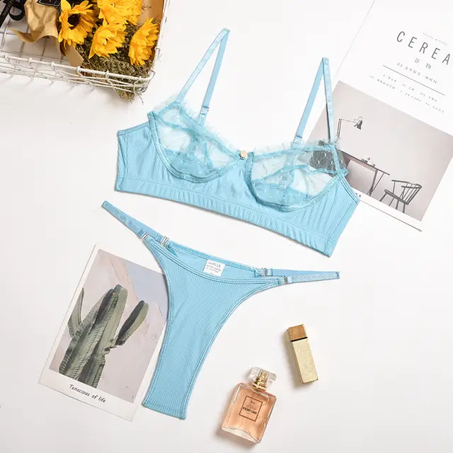 Lace Mesh Eyelashes Lace Sling Sexy Lingerie Sky Blue - Shop at LoveMi