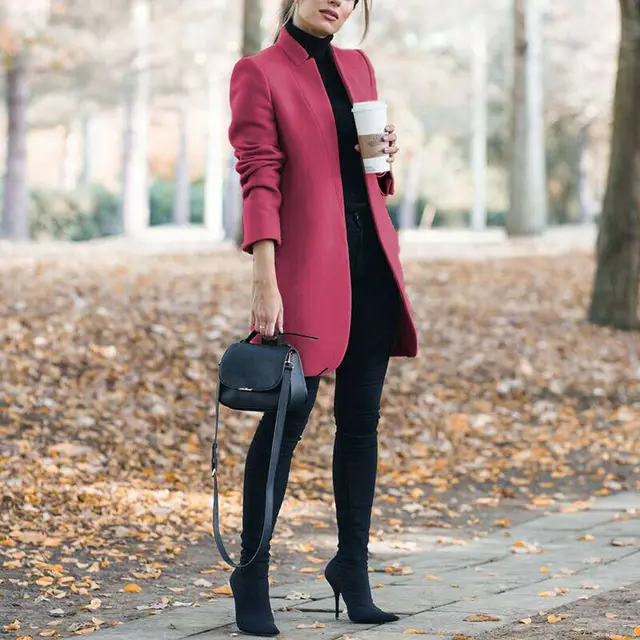 Autumn And Winter New Style European And American Fashion Solid Color Stand Up Collar Woolen Blazer Rose Red - Shop at LoveMi