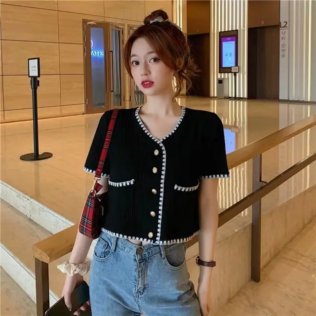 Small Fragrance Top Women's High Waist Slim Short White Ice Silk Knitted Cardigan Summer Thin Short Sleeved Jacket Black - Shop at LoveMi