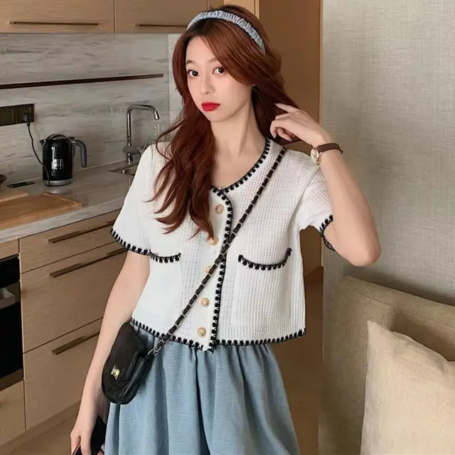 Small Fragrance Top Women's High Waist Slim Short White Ice Silk Knitted Cardigan Summer Thin Short Sleeved Jacket White - Shop at LoveMi