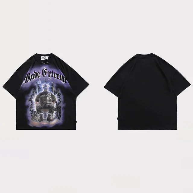 Spring And Summer Vintage Metal Gradient Print Vibe Short Sleeved T Shirt Black - Shop at LoveMi