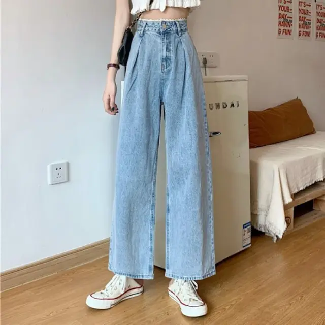 Korean Style Lace High Waist Jeans Women Loose Straight Wide Leg Pants Trousers Light Blue - Shop at LoveMi