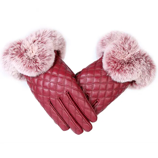 Winter Warm Plus Velvet Windproof And Rainproof Cycling Driving Big Hairy Plaid Korean Cute Touch Screen Gloves Red - Shop at LoveMi