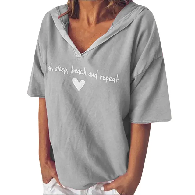 European And American Solid Color Loose Large Size V Collar Hooded Letters Grey - Shop at LoveMi