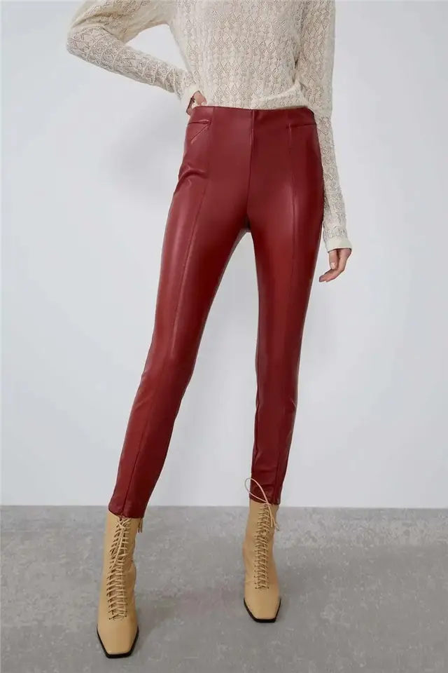 Women's Autumn And Winter Tight Leg Revealing Leather Pants Red - Shop at LoveMi