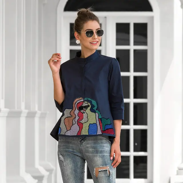 Mid sleeve Babydoll Shirt Heavy Embroidery Cotton Top Navy - Shop at LoveMi