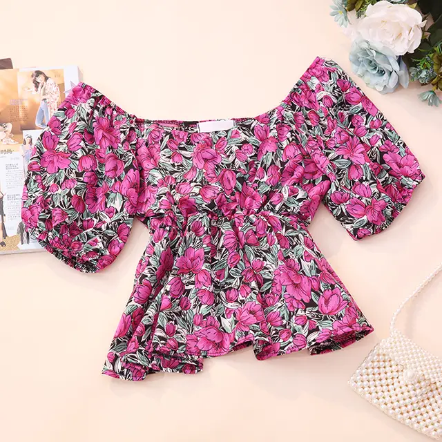 Fashion Floral Doll New Waist Short Sleeve Shirt Korean Top Short Shirt Green And Purple - Shop at LoveMi