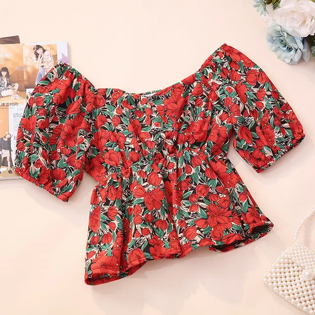 Fashion Floral Doll New Waist Short Sleeve Shirt Korean Top Short Shirt Green And Red - Shop at LoveMi