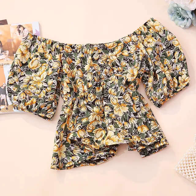 Fashion Floral Doll New Waist Short Sleeve Shirt Korean Top Short Shirt Green And Yellow - Shop at LoveMi