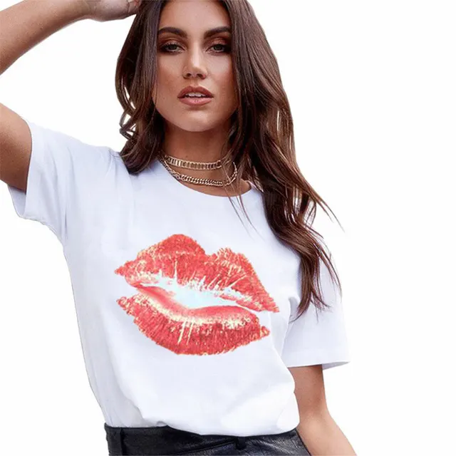 Casual Red Lip Print Ladies Short sleeved Top T shirt H - Shop at LoveMi