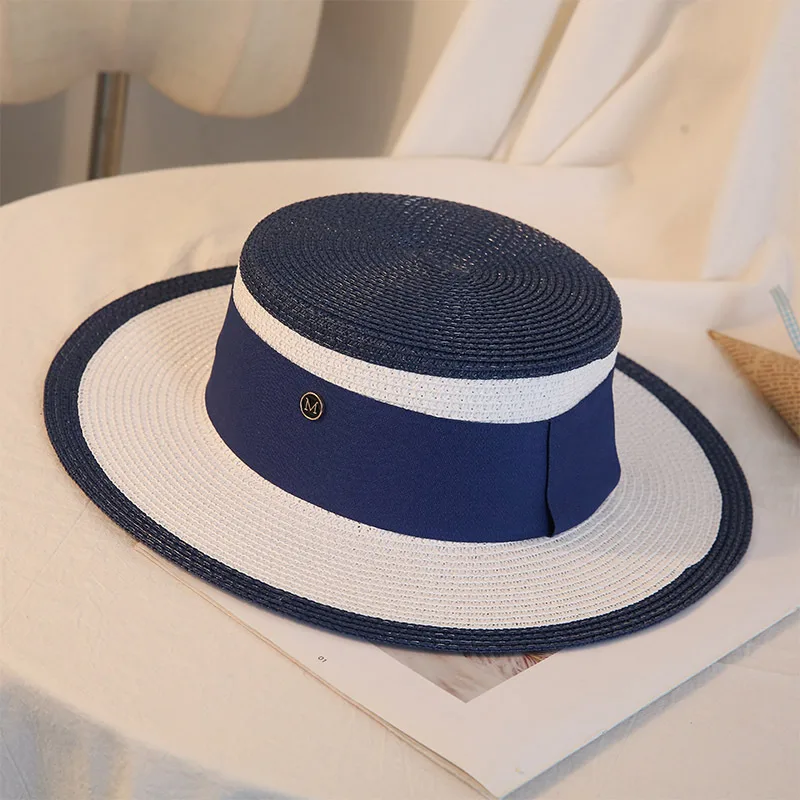 Summer Elegant Retro Women Flat Top Straw Hat Trip Caps Leisure Beach Sun Hats M Letter Breathable Flower Beach Hat Blue - Shop at LoveMi