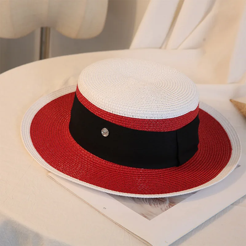 Summer Elegant Retro Women Flat Top Straw Hat Trip Caps Leisure Beach Sun Hats M Letter Breathable Flower Beach Hat Red - Shop at LoveMi