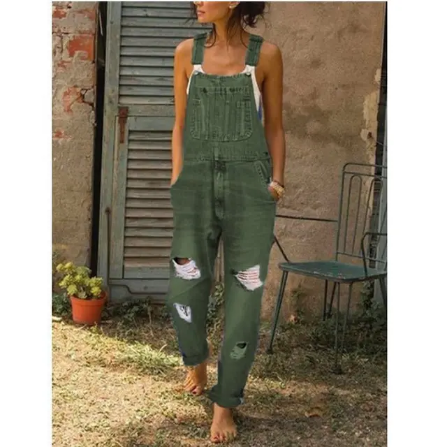 Jumpsuit Women's Fashion Denim Ripped Hole Cut Solid Color Overalls Green - Shop at LoveMi