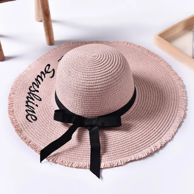 Sun Hat Female Summer Sun Hat English Embroidery Casual Wild Sunscreen Straw Hat Big Brim Beach Korean Wave Hat Nude Pink - Shop at LoveMi