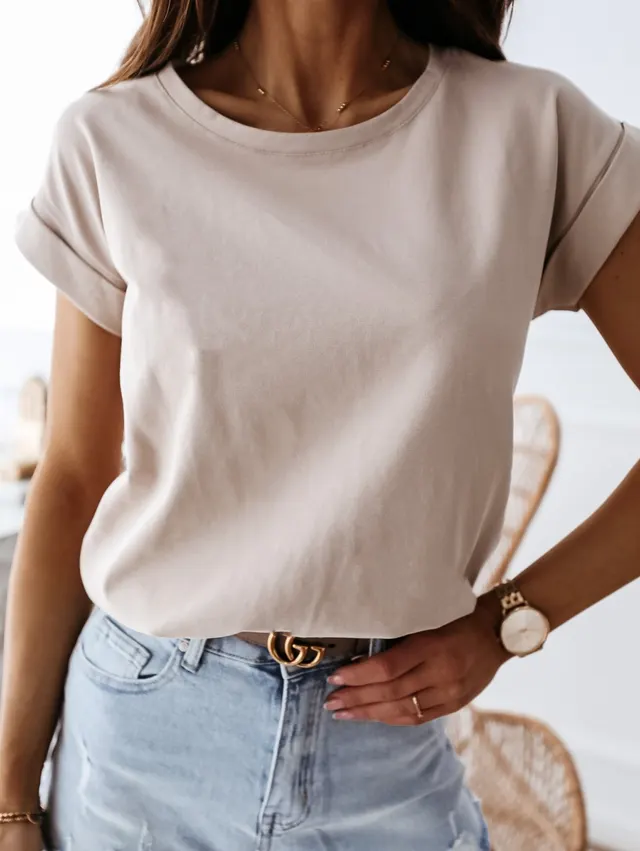 Simple Solid Color Short sleeved Round Neck Ladies T shirt Khaki - Shop at LoveMi