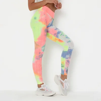 Women's Ink Jacquard Tie Dye Yoga Pants Slim Hip Up Sports Fitness Pants Yellow - Shop at LoveMi