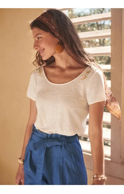 Perspective Imitation Linen French Short Sleeved Sweater Big Round Neck Open Back T Shirt Embroidered Blouse Women Beige - Shop at LoveMi