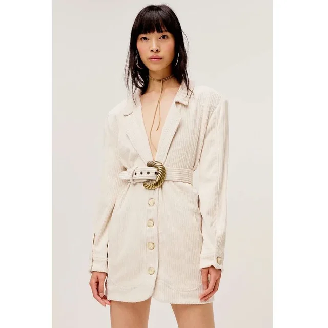 Suit Collar Long Sleeve Single Breasted Mid Length Blazer Top Creamy White - Shop at LoveMi