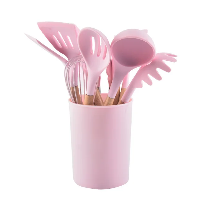 Wooden Handle Silicone Kitchenware 12 Piece Non Stick Spatula Kitchen Tool Cooking Spatula Spoon Baking Set Pink - Shop at LoveMi