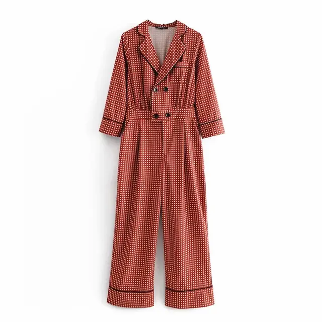 Loose Western Style Double breasted Fashion Printed Jumpsuit Women Magenta - Shop at LoveMi