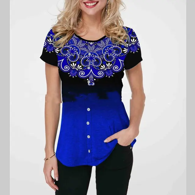 Round Neck Fashion Gradient 3D Printed Short sleeved T shirt Royal Blue - Shop at LoveMi