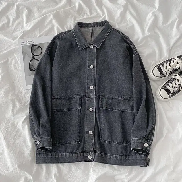 Loose Multi Face Denim Jacket New Swing Women'S Fashion Style Lapel Long Sleeve Windbreaker Black - Shop at LoveMi