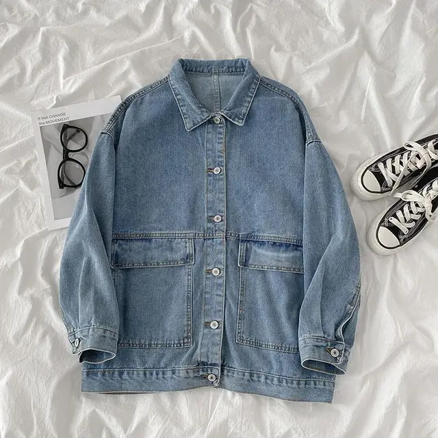 Loose Multi Face Denim Jacket New Swing Women'S Fashion Style Lapel Long Sleeve Windbreaker Blue - Shop at LoveMi