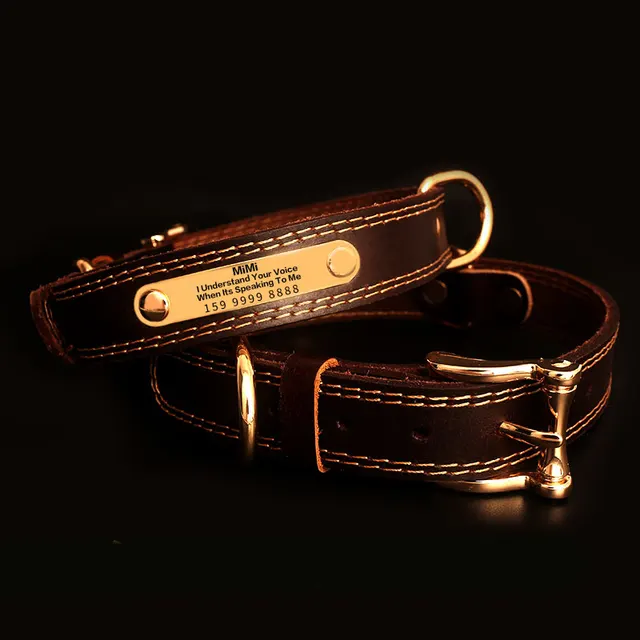 Genuine Leather Dog Collars with Engraved Nameplate Coffee - Shop at LoveMi