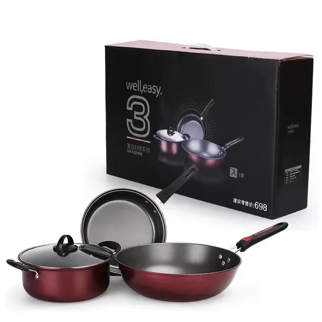 Sale Cookware Set Hao Li Three Piece Cookware Non Stick Pan Wok Soup Pot Frying Pan Gift Set As Shown - Shop at LoveMi