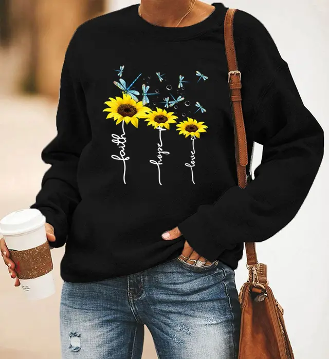 Dragonfly Sunflower Print Long Sleeved Round Neck Sweater Women Black - Shop at LoveMi