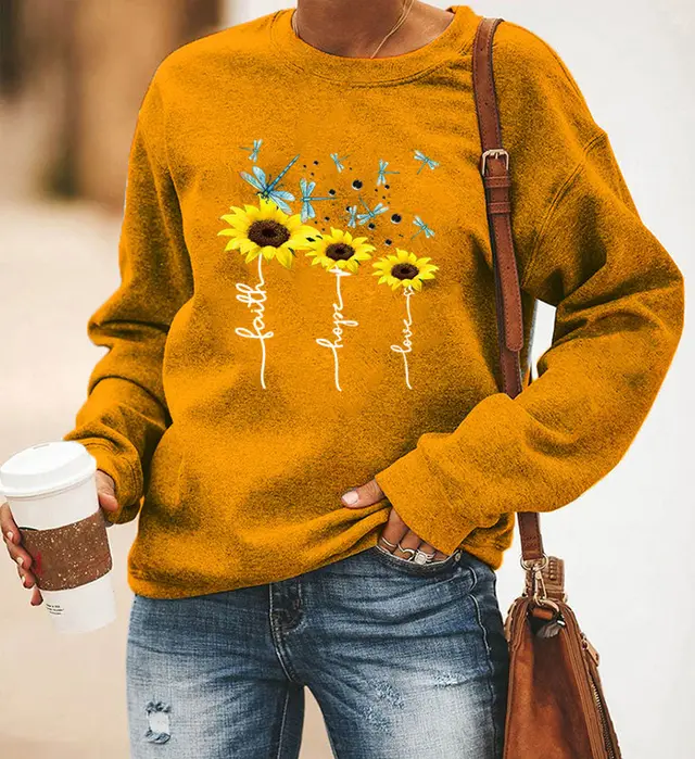 Dragonfly Sunflower Print Long Sleeved Round Neck Sweater Women Khaki - Shop at LoveMi
