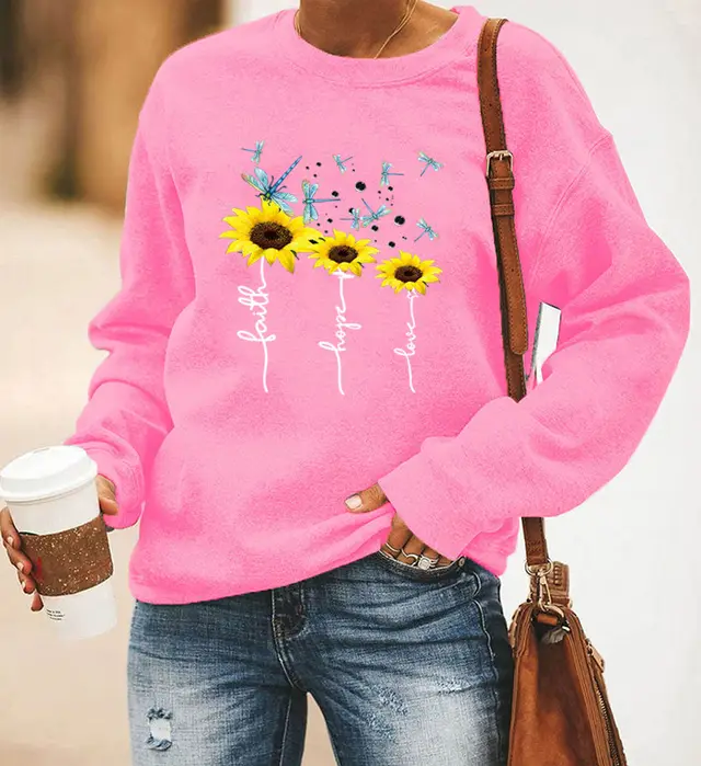 Dragonfly Sunflower Print Long Sleeved Round Neck Sweater Women Pink - Shop at LoveMi