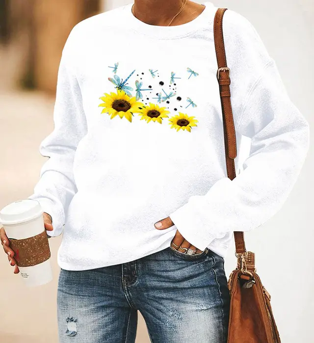 Dragonfly Sunflower Print Long Sleeved Round Neck Sweater Women White - Shop at LoveMi