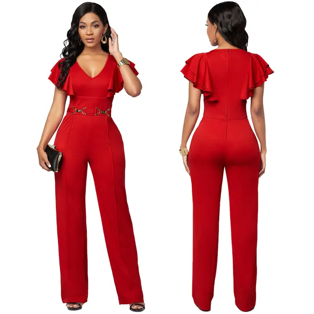 Sexy Casual Fashion Long sleeved V neck Women's Jumpsuit Red - Shop at LoveMi