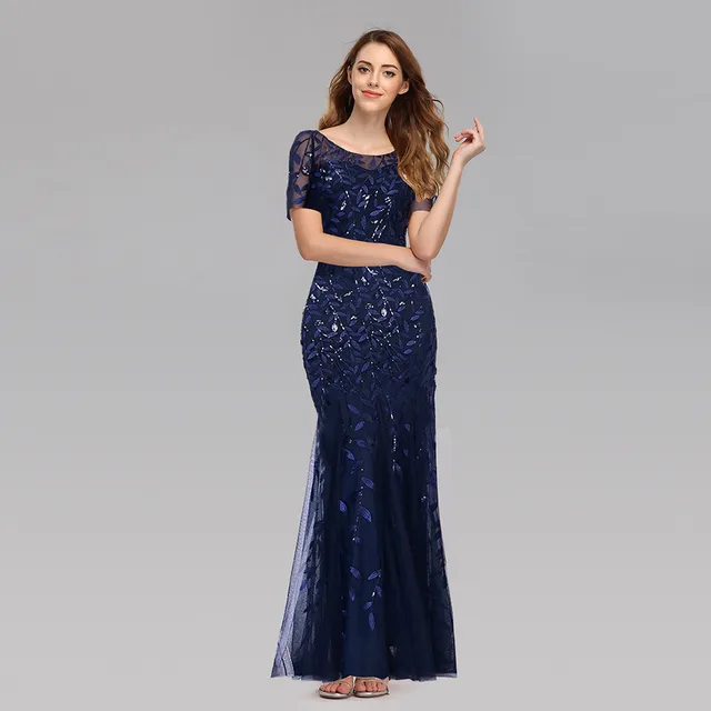 Large Size Evening Dress Foreign Trade European And American Version Pearl Mesh Fishtail Slim Sexy Women'S Clothing In Stock Navy - Shop at LoveMi