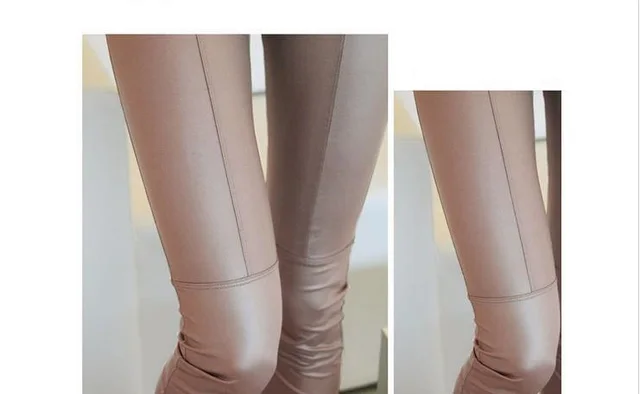 Women'S Pants Nine Points Pencil Pants Stitching Leather Pants Faux Leather Leggings Khaki - Shop at LoveMi