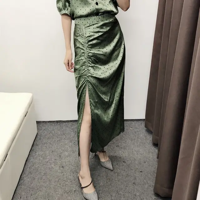 European And American Style New Green Polka Dot Print Pleated Slit Skirt Green - Shop at LoveMi
