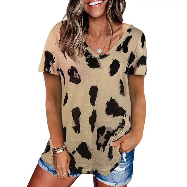 Spring And Summer New Foreign Trade Cross Border European And American Hot Style Women'S Clothing Leopard Print Loose Short Sleeved T Shirt Women'S Top Brown - Shop at LoveMi