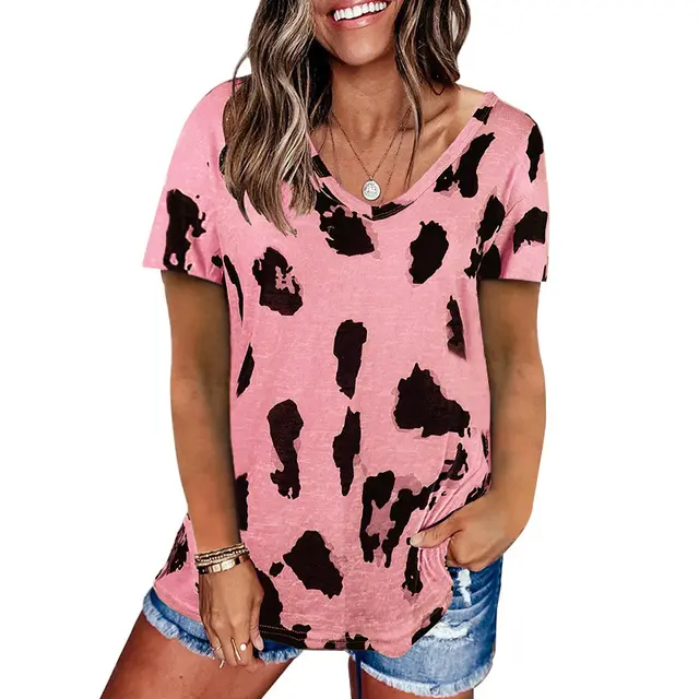 Spring And Summer New Foreign Trade Cross Border European And American Hot Style Women'S Clothing Leopard Print Loose Short Sleeved T Shirt Women'S Top Pink - Shop at LoveMi