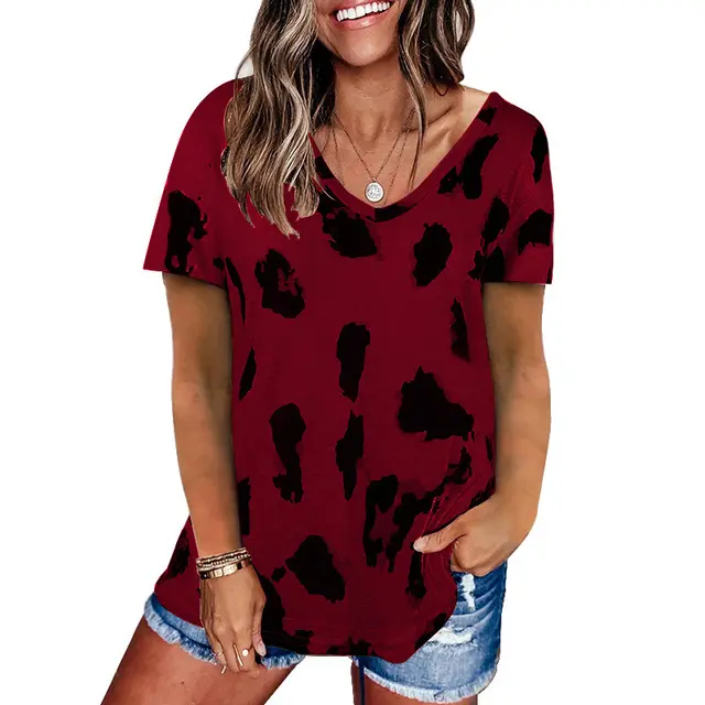 Spring And Summer New Foreign Trade Cross Border European And American Hot Style Women'S Clothing Leopard Print Loose Short Sleeved T Shirt Women'S Top Red - Shop at LoveMi