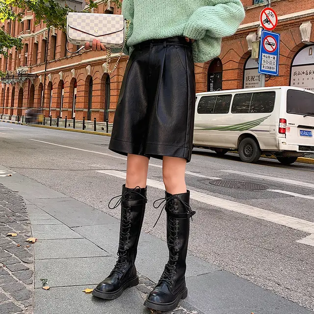 PU leather Shorts Women's Wide leg Pants Autumn And Winter New Style Outer Wear Elastic Waist Five point Leather Pants Black - Shop at LoveMi